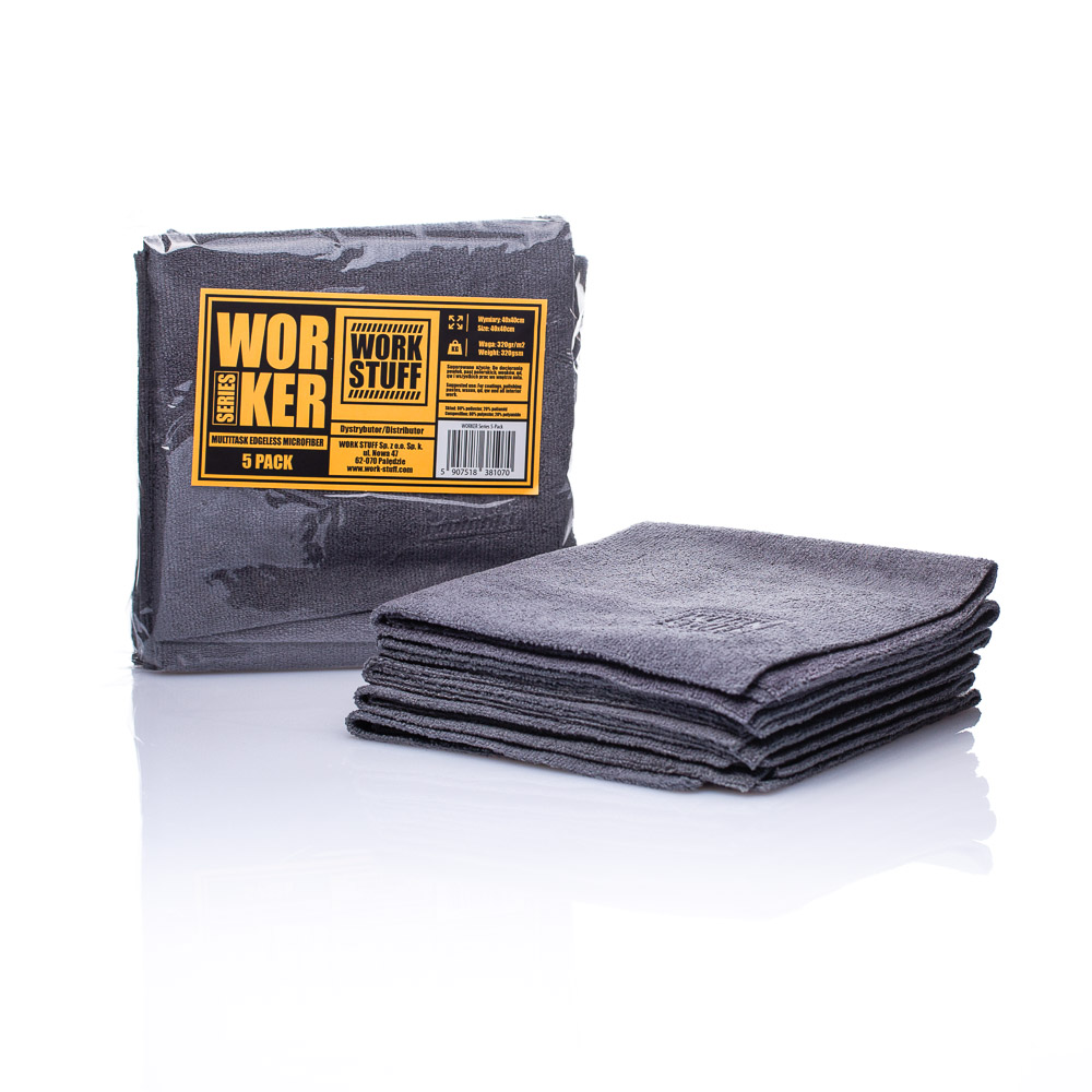 Five pack of WORKER microfiber towels for cleaning and maintaining various elements of your car.