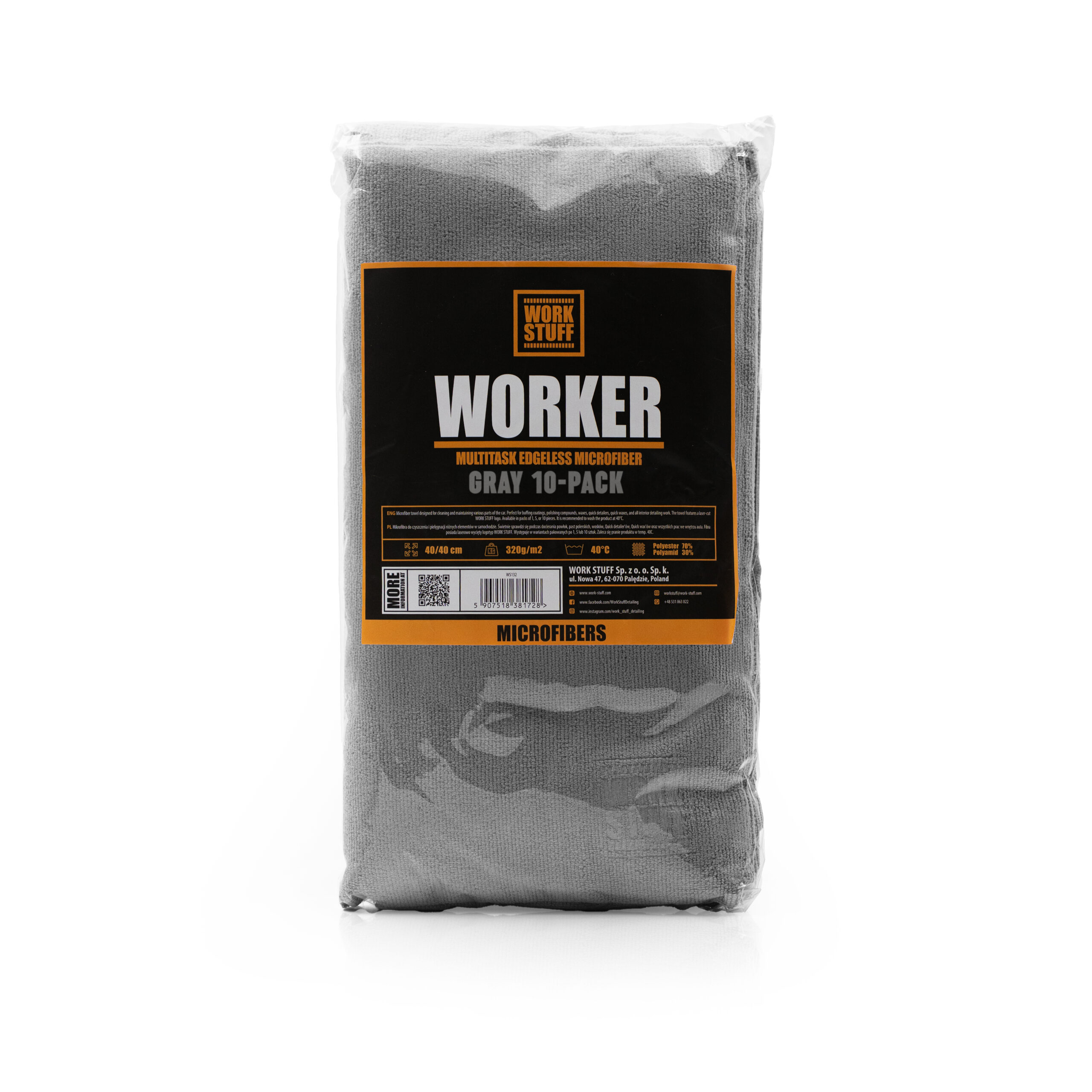 Un paquet de chiffons en microfibres gris emballés dans du plastique, étiquetés Work Stuff WORKER Multitask Edgeless Microfiber Gray 10-Pack.