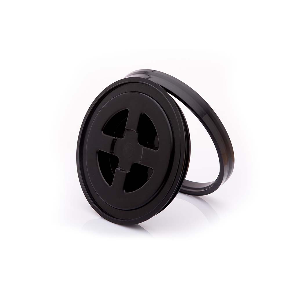 Black circular HDPE bucket lid with four cross-shaped center openings, shown at an angle with matching ring on white background.