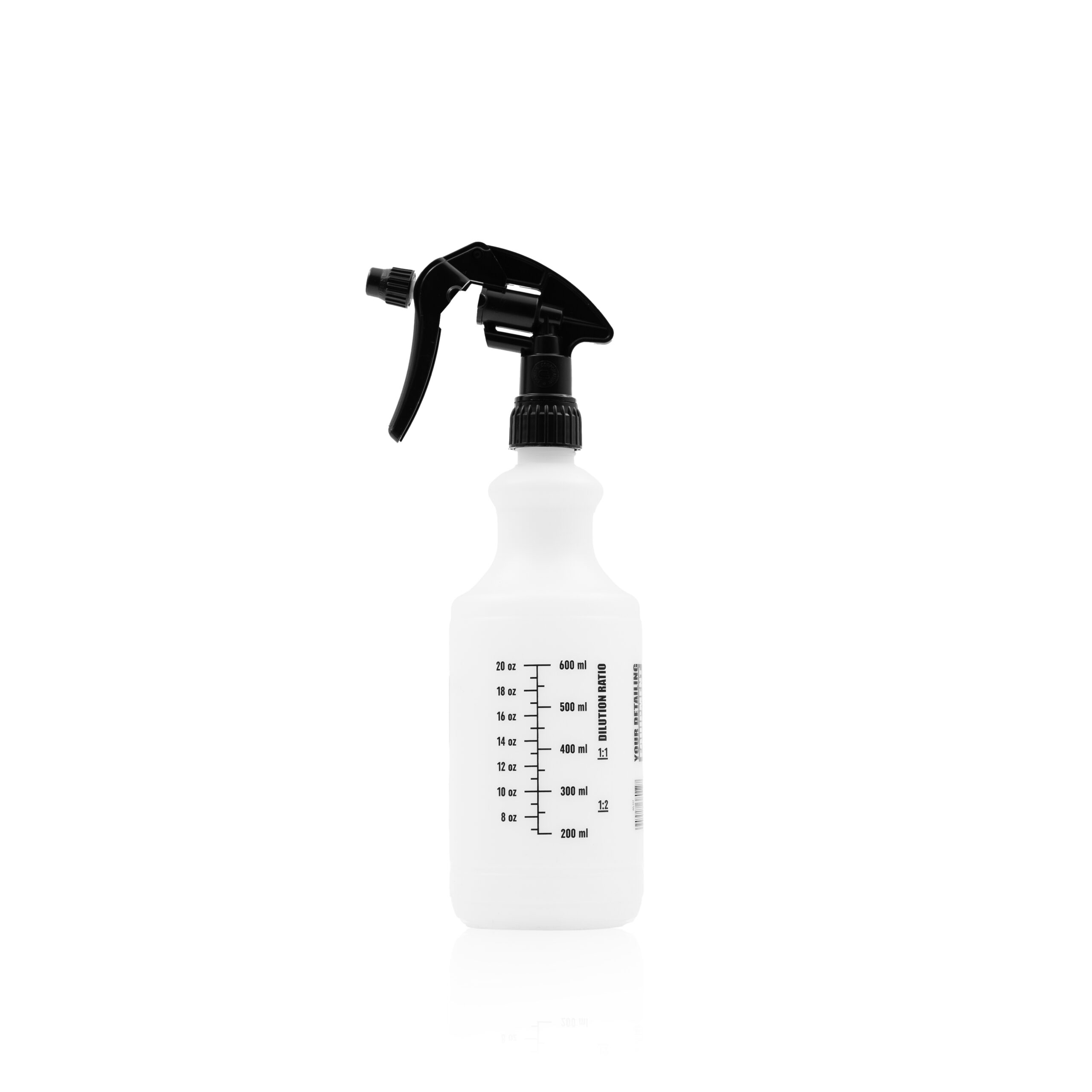 A clear plastic work bottle with a black trigger nozzle and milliliter markings stands upright on a white background.