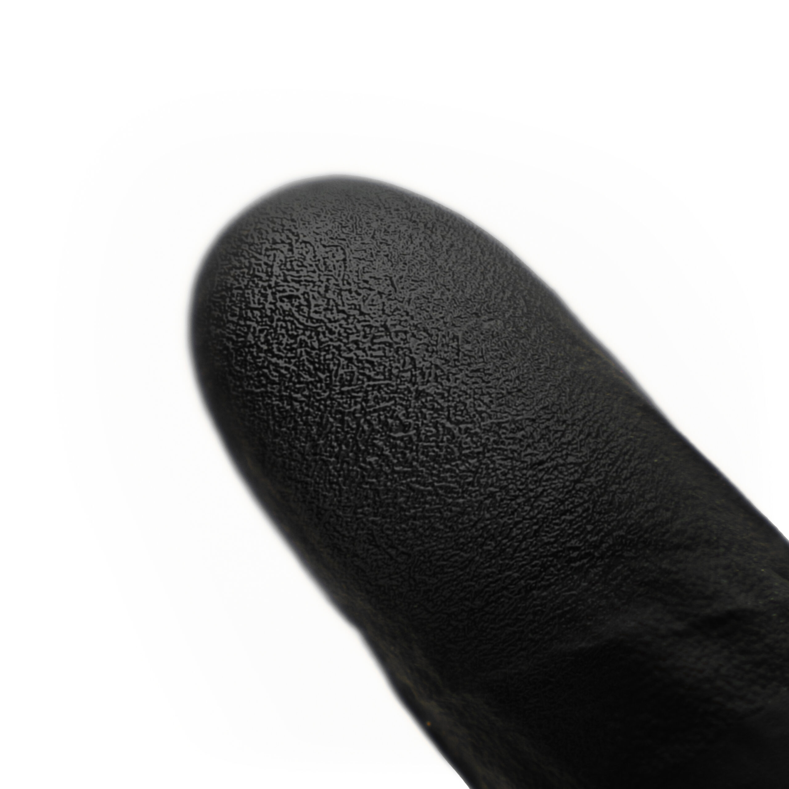Textured tip of black detailing gloves in close-up, showing fine grip and precision on a white background.