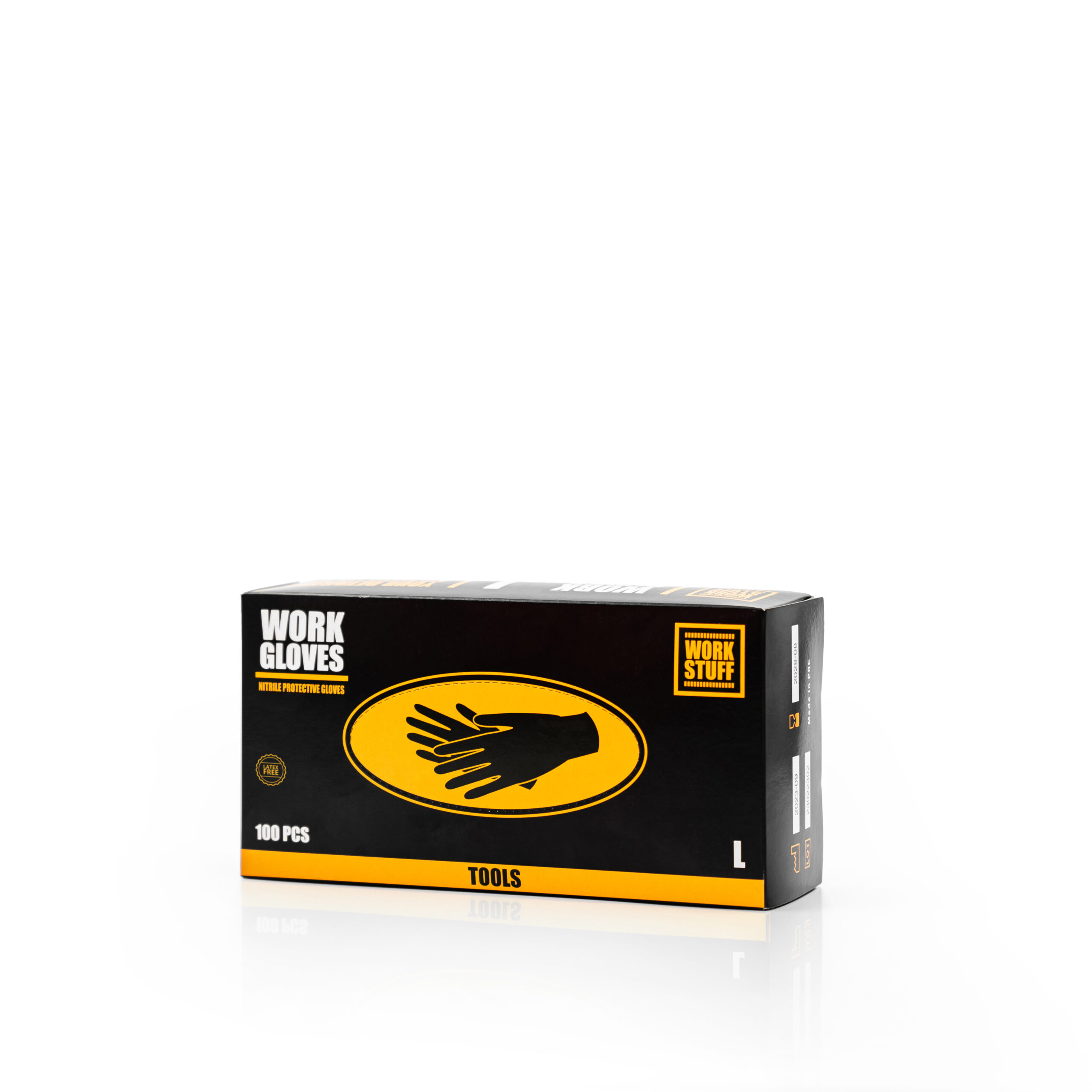 Black and yellow box of Professional Nitrile Gloves, size L, 100 pcs, with gloved hand graphic on a white background.
