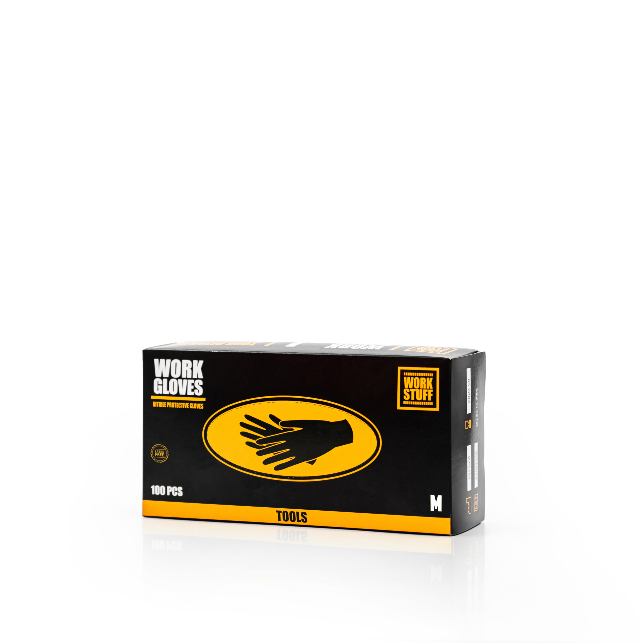 Work Stuff Professional Nitrile Gloves box, size medium, black gloves, yellow and black packaging, glove illustration.