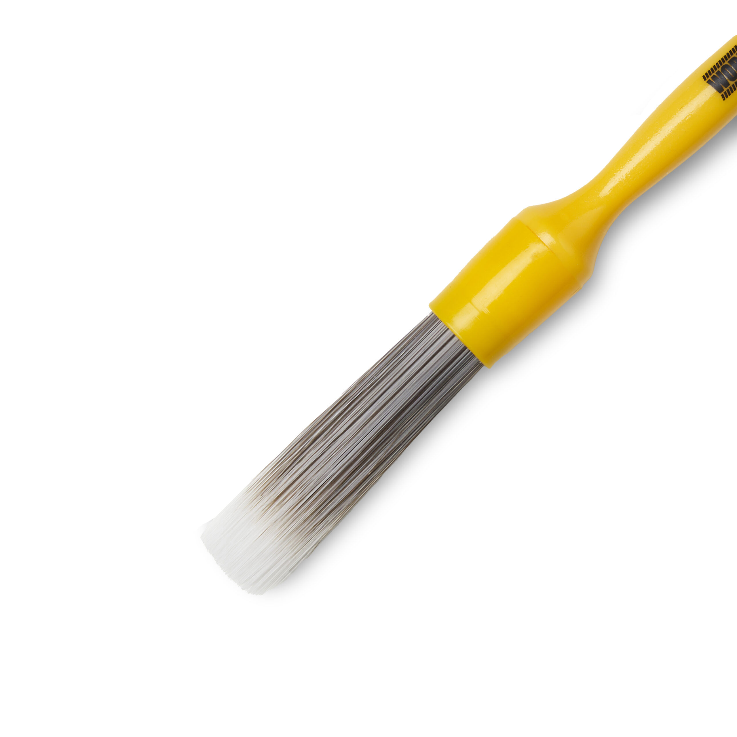 A yellow-handled prewash brush with white and gray bristles, shown against a plain white background.