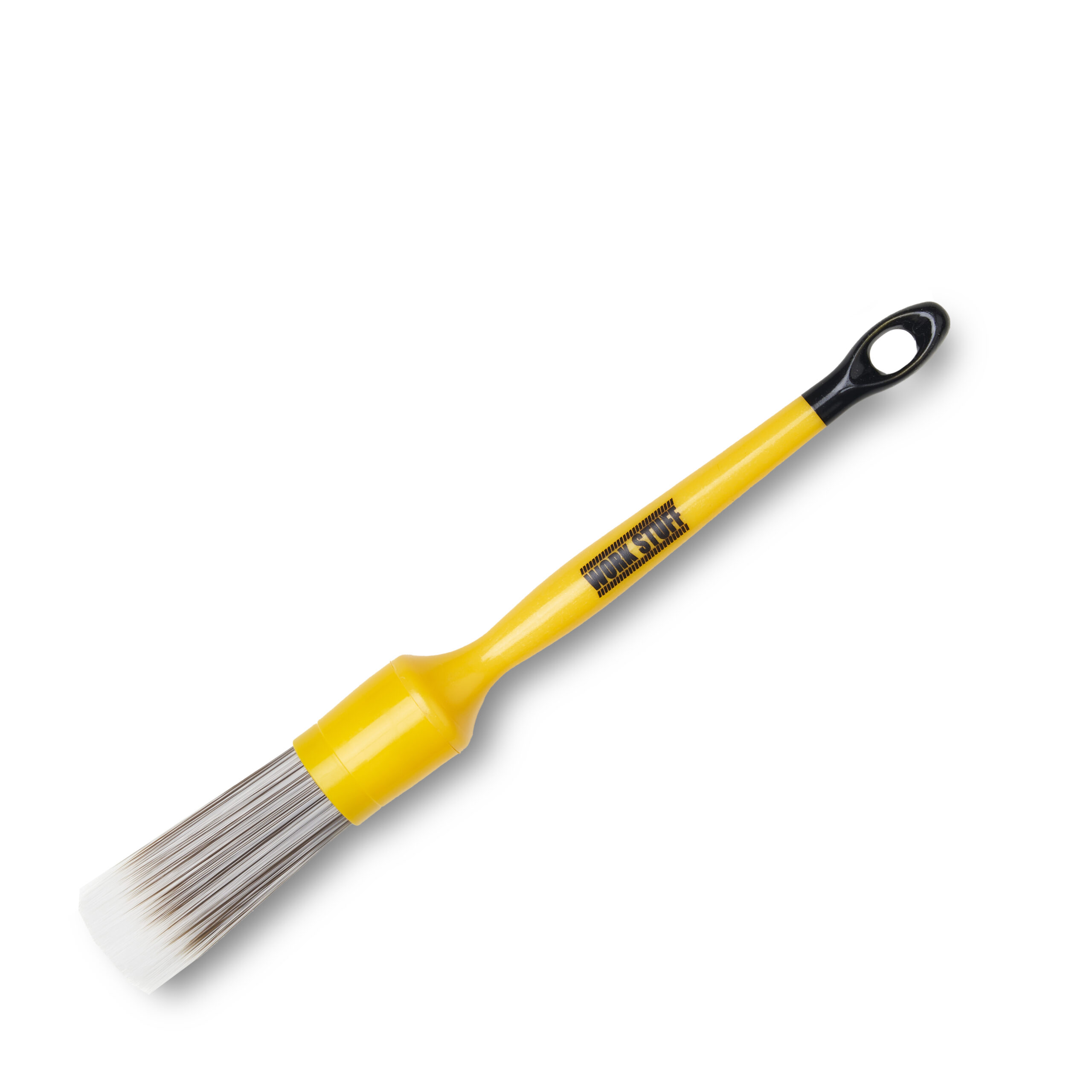 Yellow-handled car brush with soft white bristles and a black-tipped hanging hole, displayed on a white background.