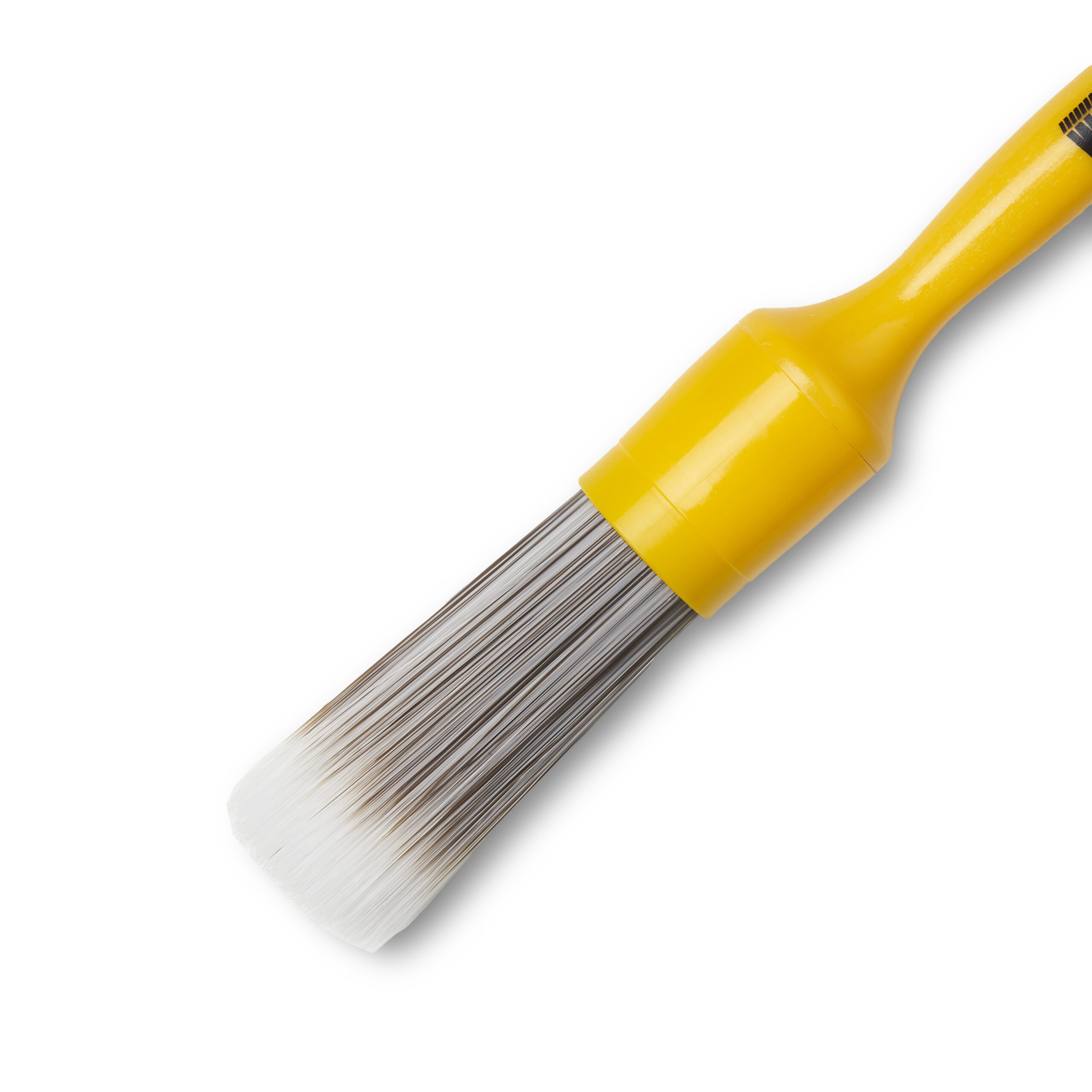 A yellow-handled leather cleaning brush with white bristles, angled diagonally on a white background, Work Stuff brand.