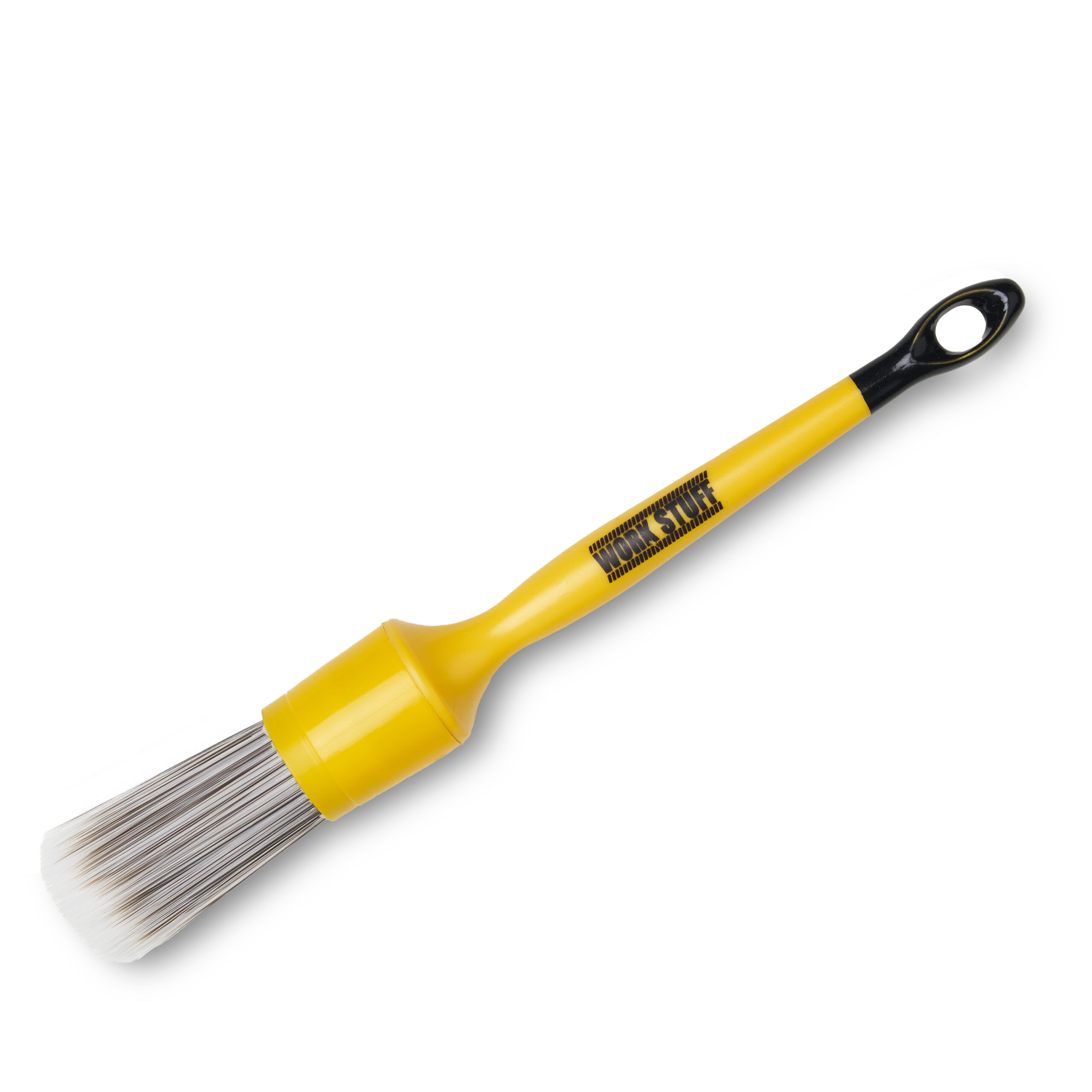 Yellow-handled car interior brush with soft white bristles and a black hanging hole, shown on a white background.