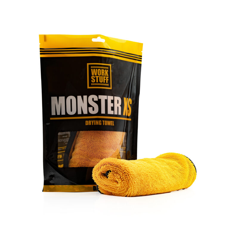 WORK STUFF MONSTER XS drying towel beside its black and yellow retail packaging