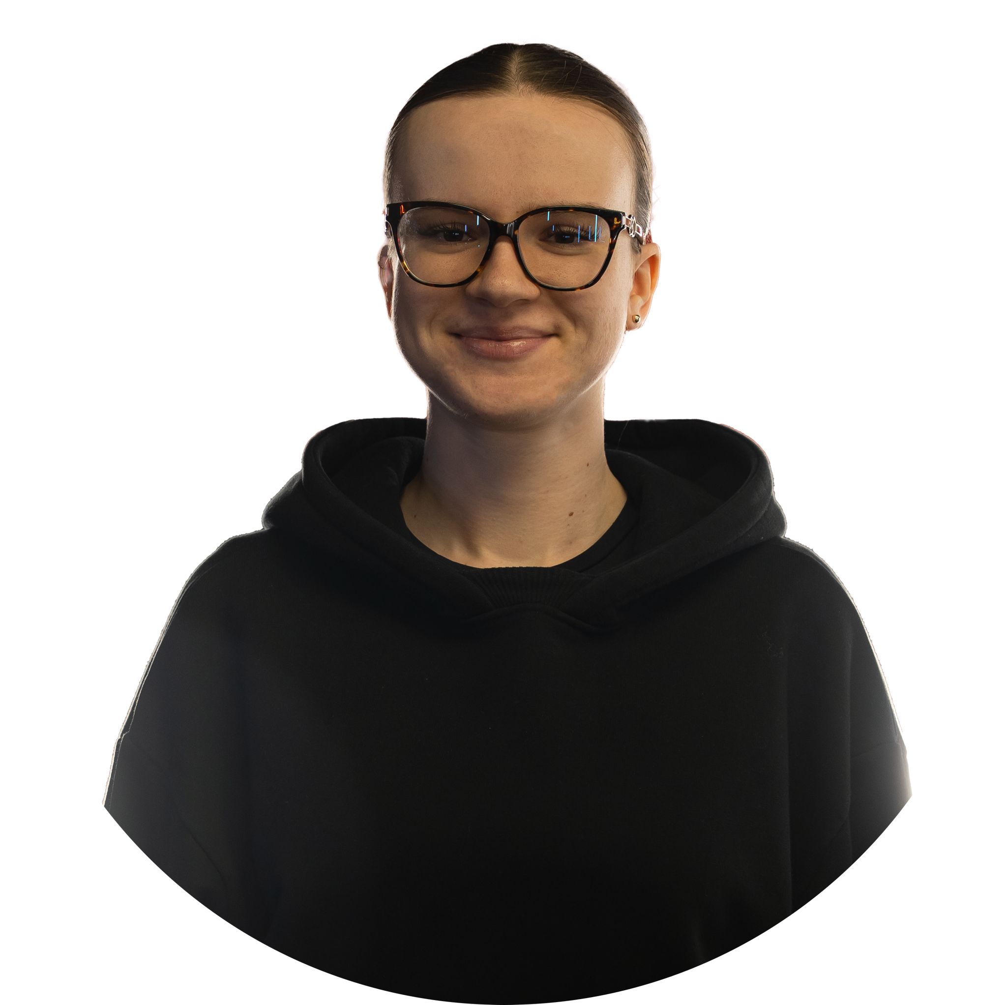 Zofia Sulkowska A person with glasses and hair tied back smiles, wearing a black hoodie against a white background—ready to take on work stuff or join the team for some car detailing.